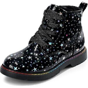 🆕Girls Ankle Boots Black A Glitter Combat Zipper Lace Up Winter Dress Boot